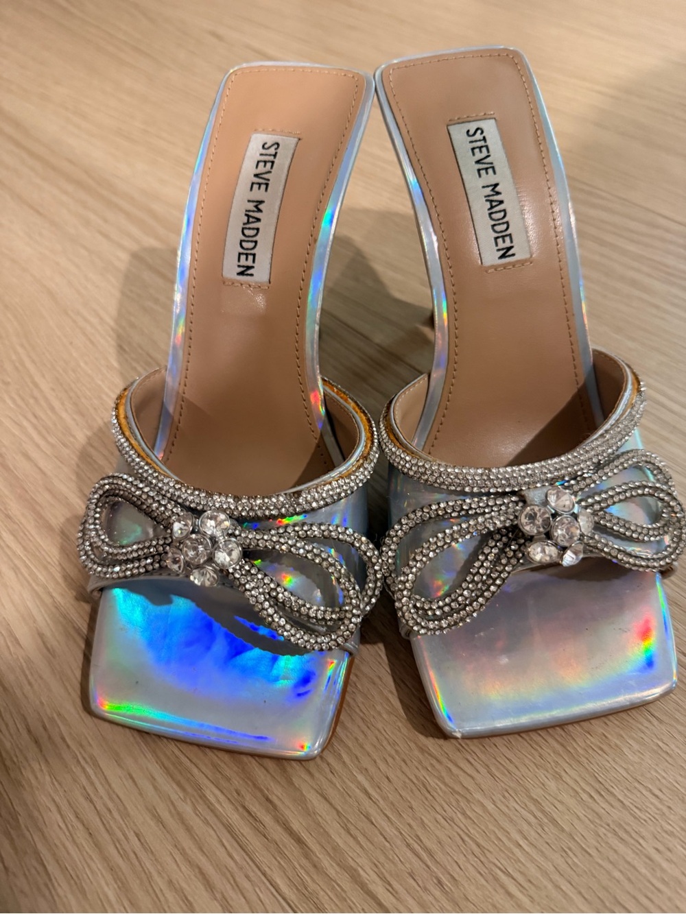 Steve Madden Iridescent Holographic Slide Heels with Crystal Bow